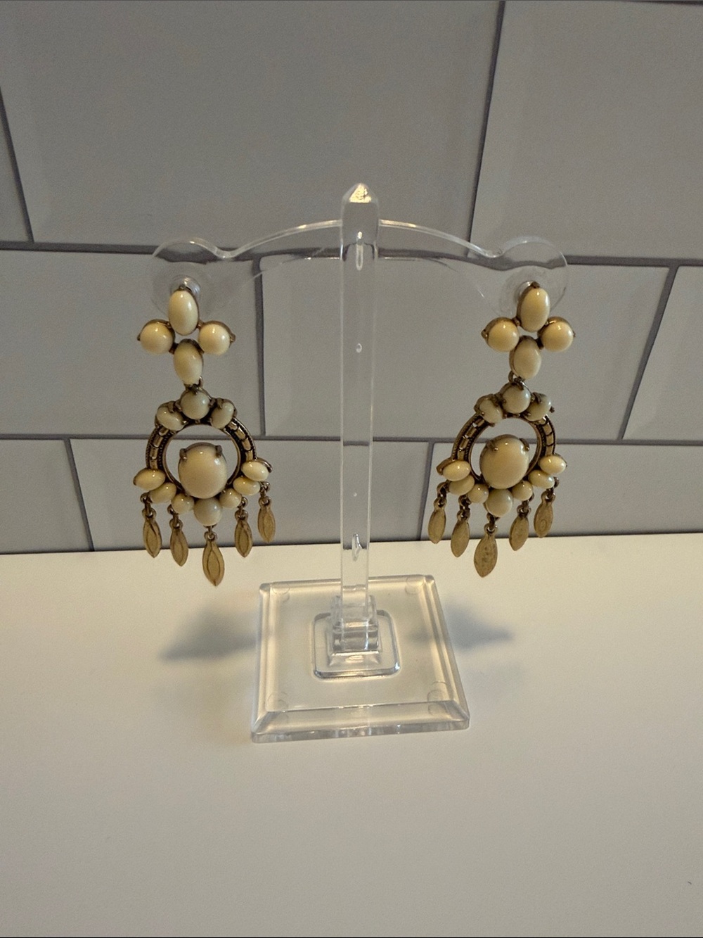 Stella & Dot Ivory and Gold Chandelier Bead Earrings